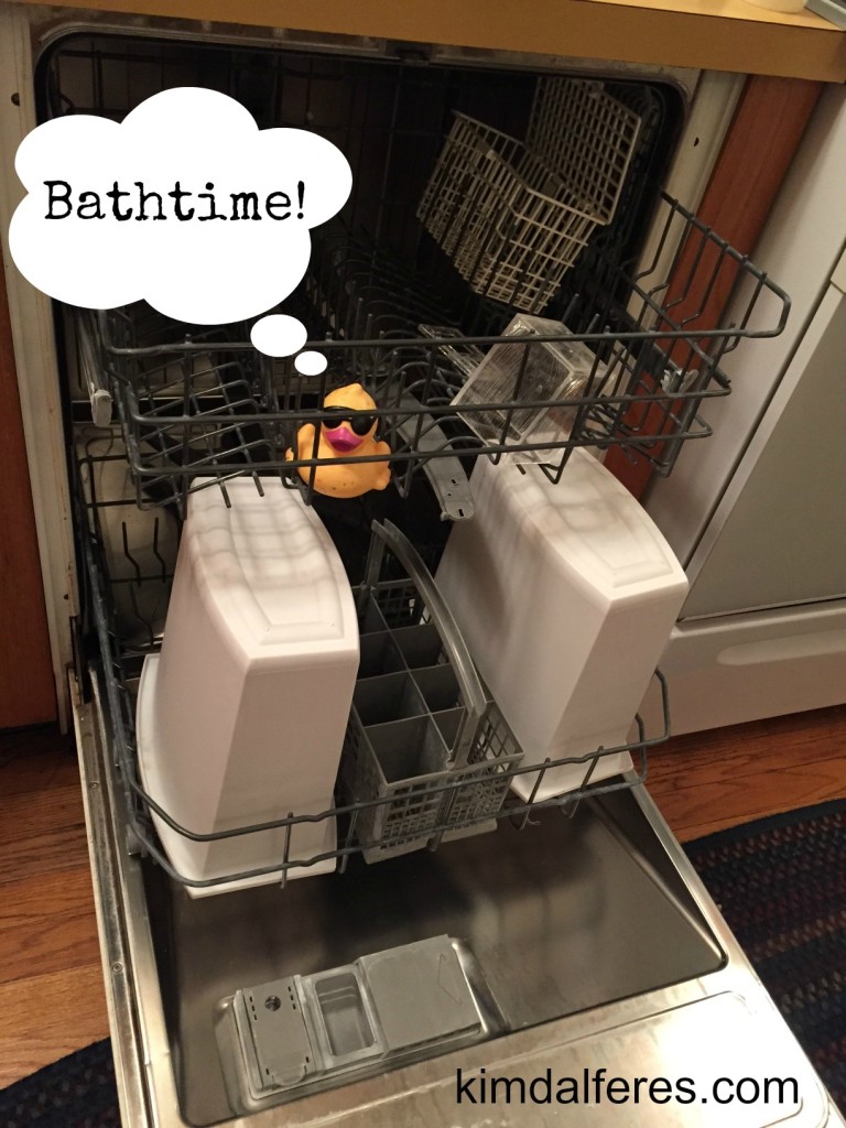 rubber ducky in the dishwasher with text